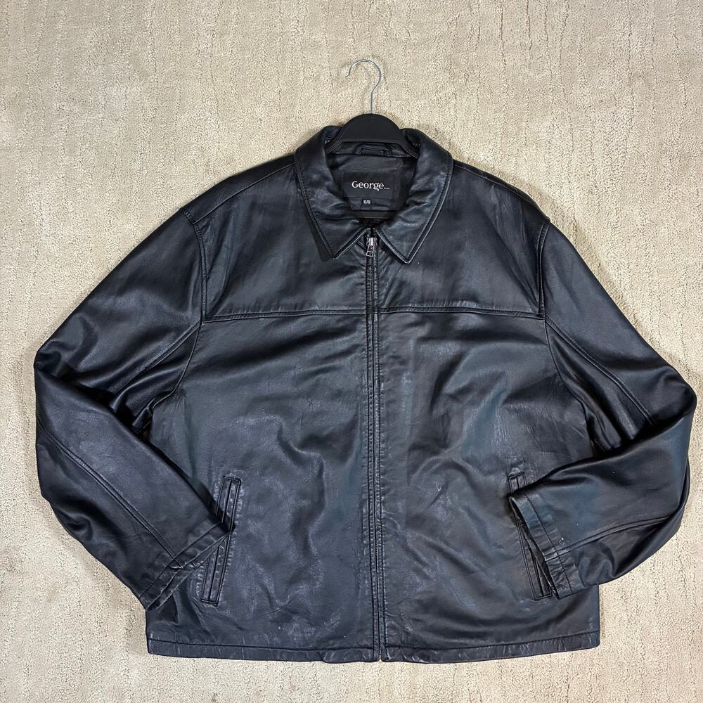 Vintage 90s Goerge Men XL Black Leather Bomber Jacket Indie Sleaze Grunge Retro